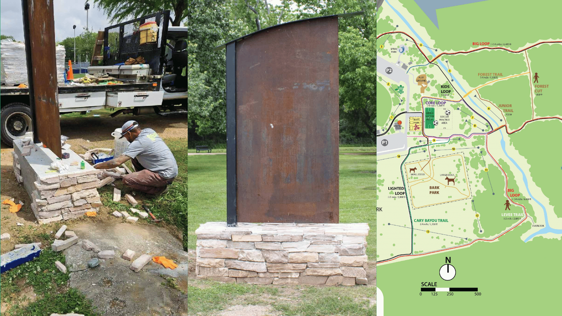 A worker lays bricks on the base of a sign that will soon have a map of Jenkins Park