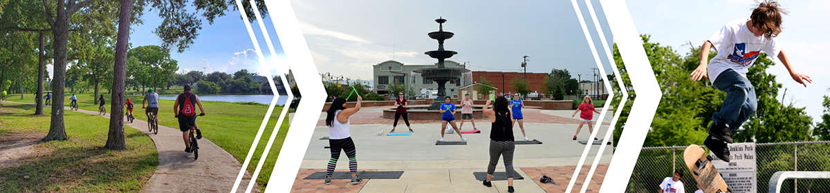 Cyclists, fitness enthusiasts, and skateboarders enjoying various parks in Baytown.
