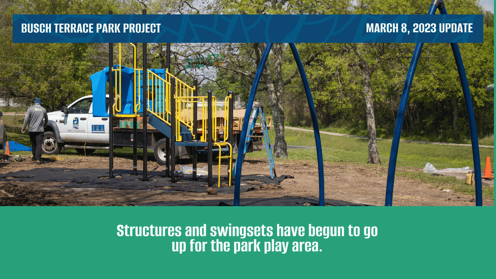 Structures and swingsets have begun to go up for the park play area