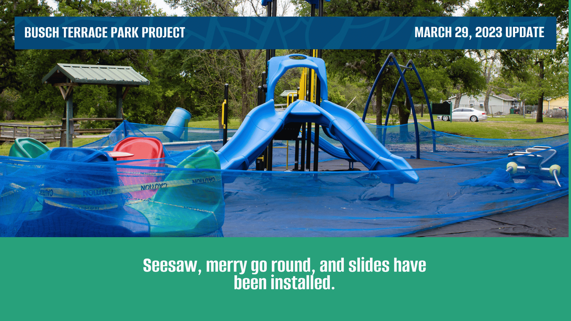 Improvements to Busch Terrace Park including new slides, seesaw, and a merry go round.