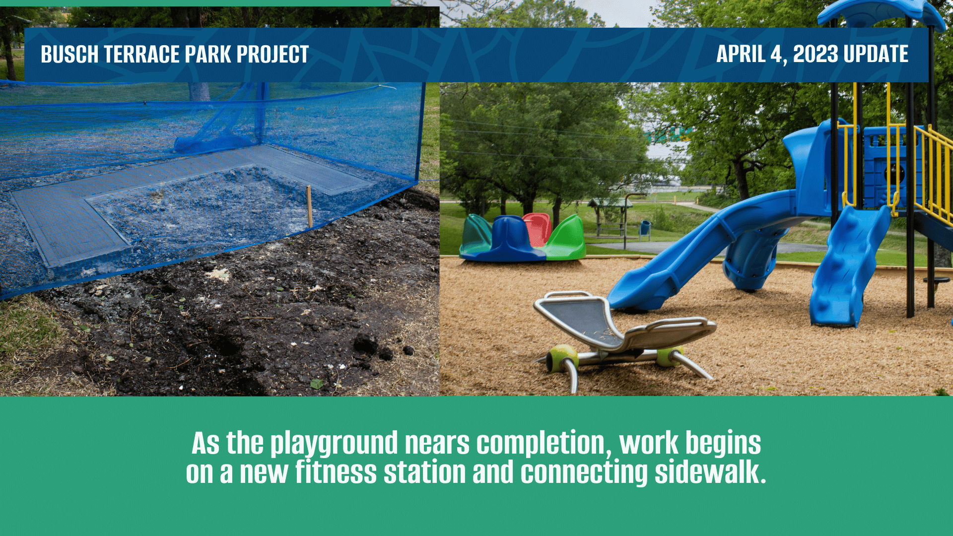 Busch Terrace Park Project Update displaying improvements to playground construction and new cement.