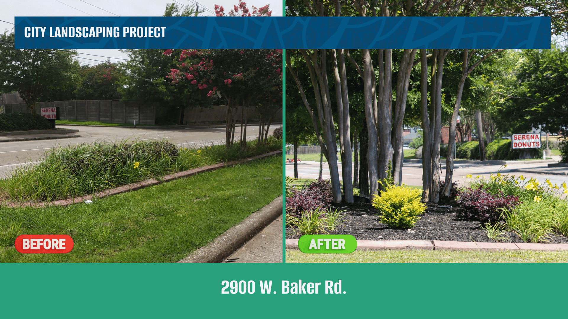 Overgrown flowerbed before and clean flowerbed after 