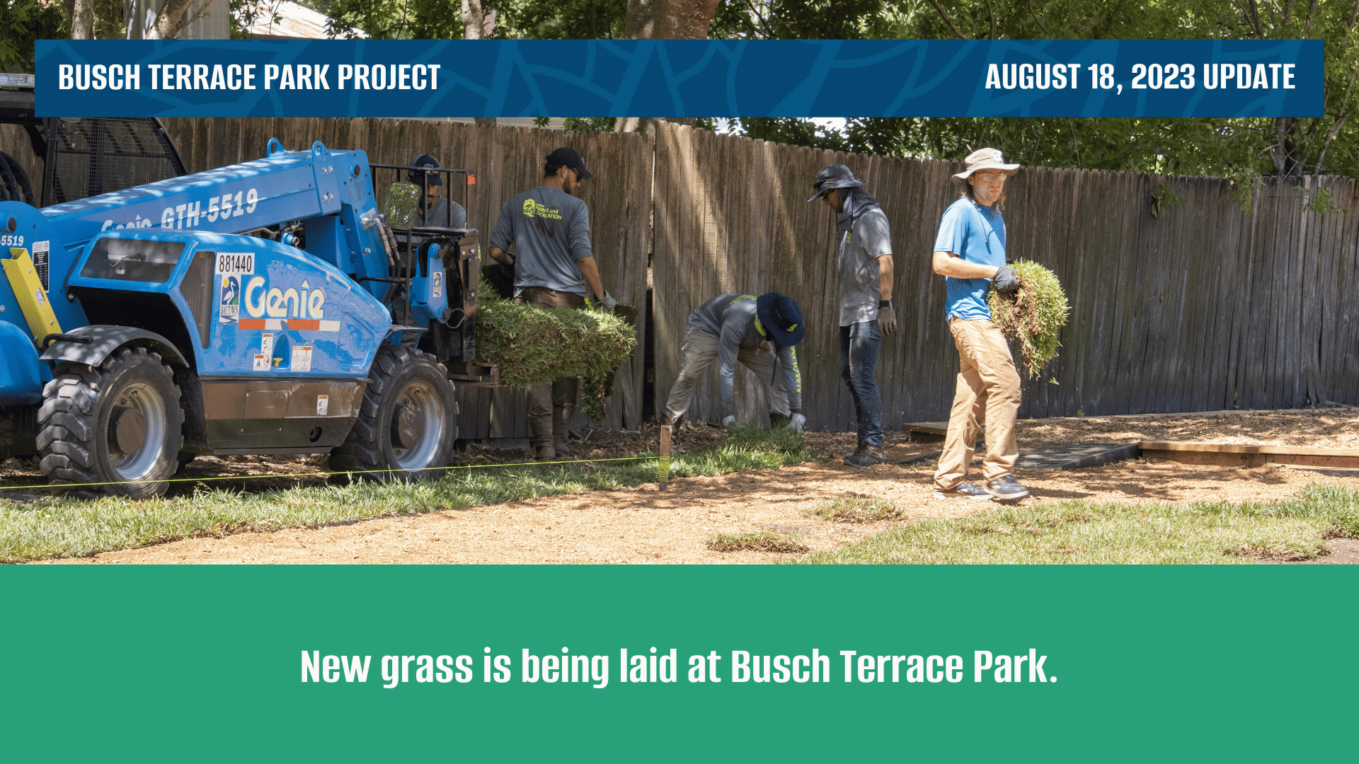 Parks crews laying new grass around a trail at Busch Terrace Park