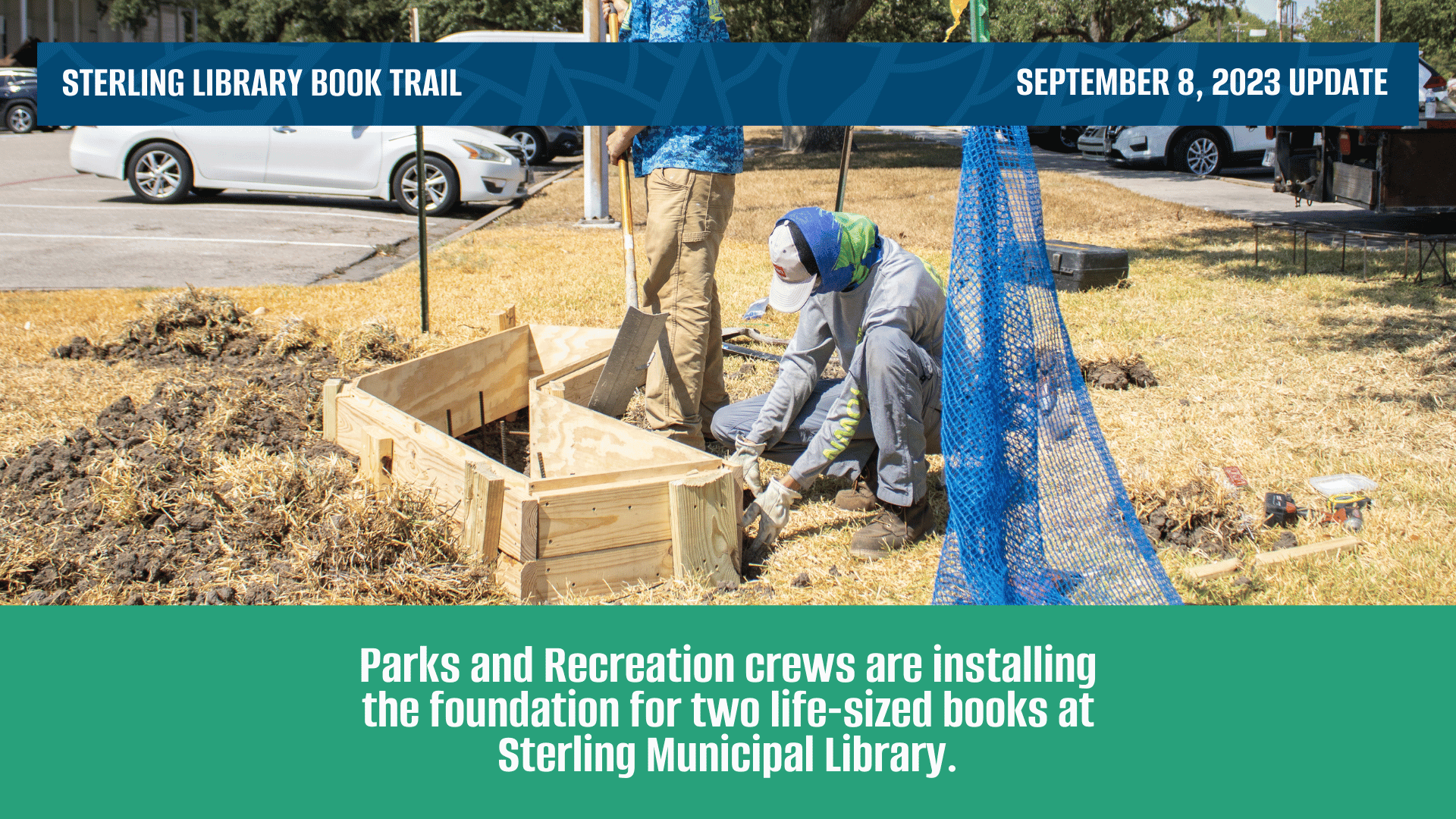 Two parks and recreation workers creating a frame for a foundation at Sterling Municipal Library
